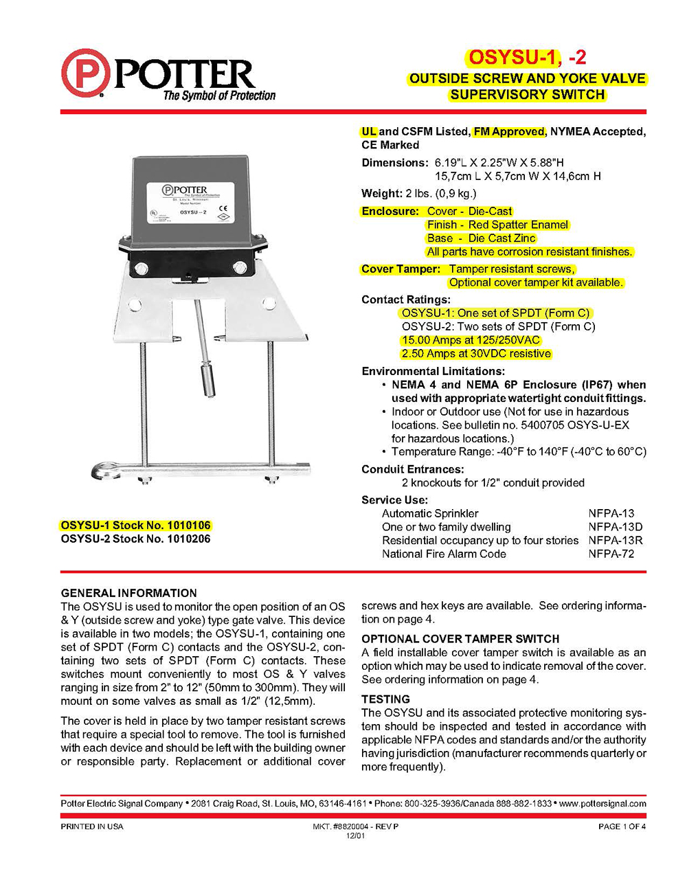 Sup Switch Potter Electric osysu-1